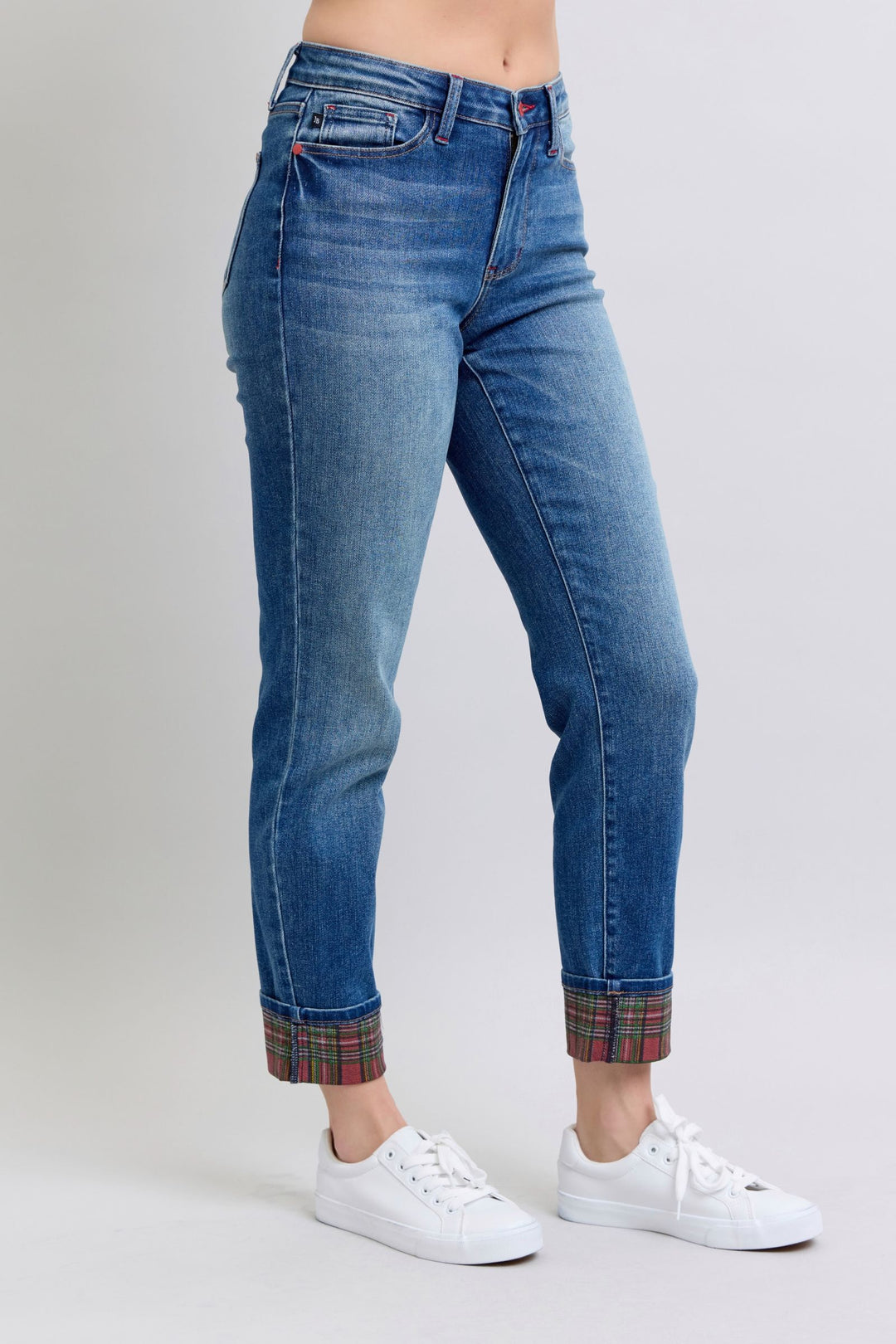 Judy Blue Mid Rise Plaid Print Cuff Boyfriend Jeans