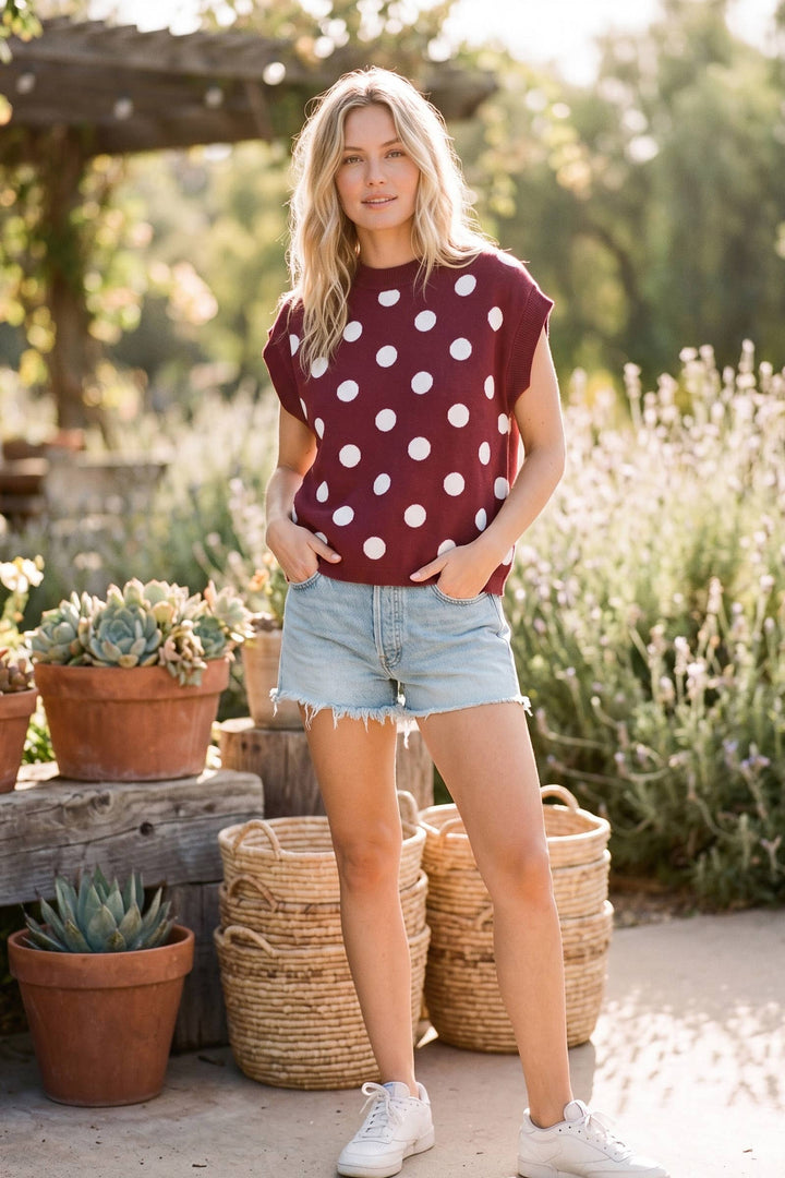 Gameday Polka Dot Sleeveless Knit Top - Red/White
