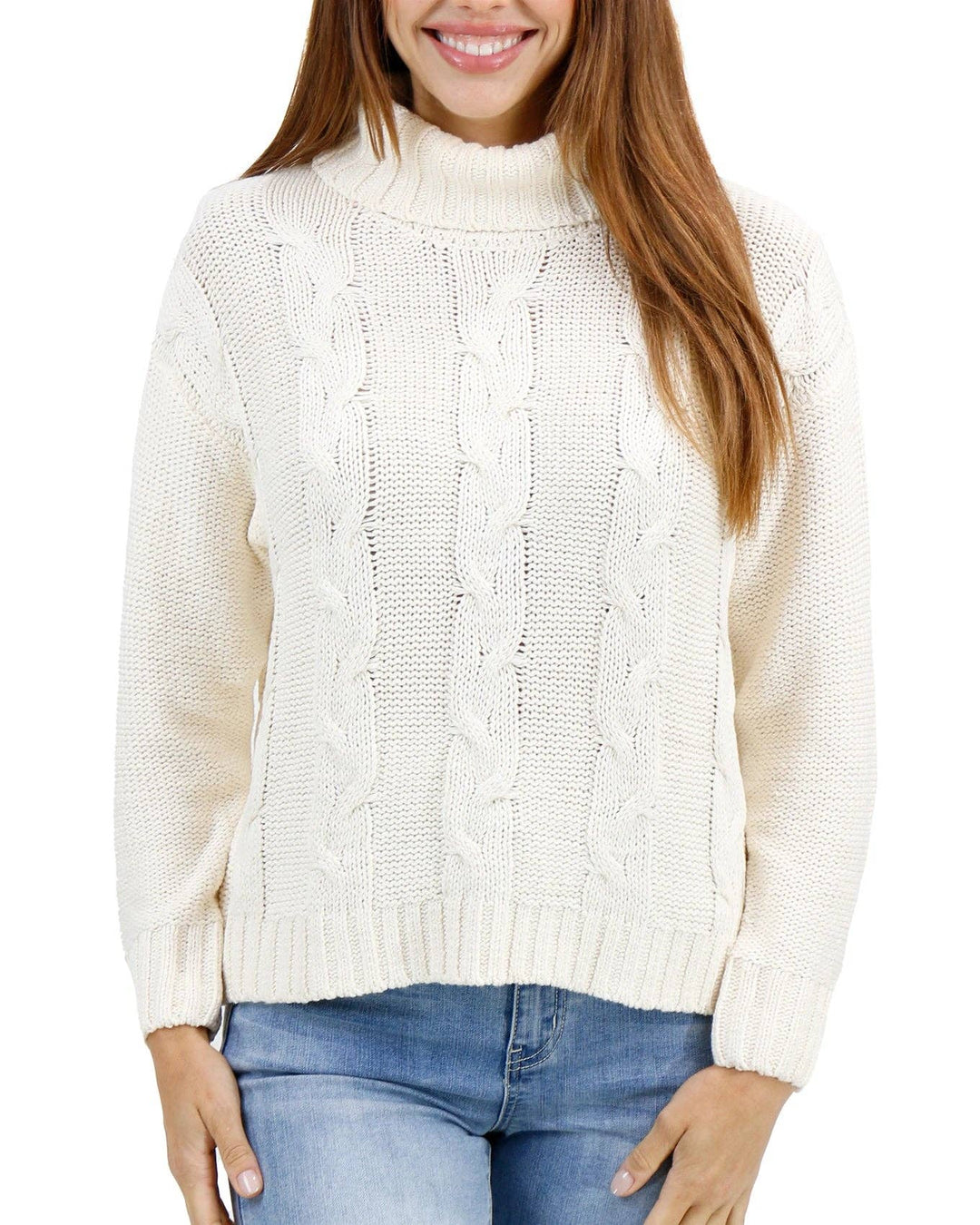 High Neck Cable Knit Sweater in Ivory