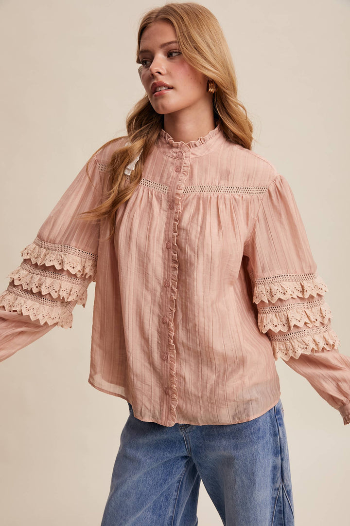 Lace Ruffle Sleeve Pintuck Blouse - Blush