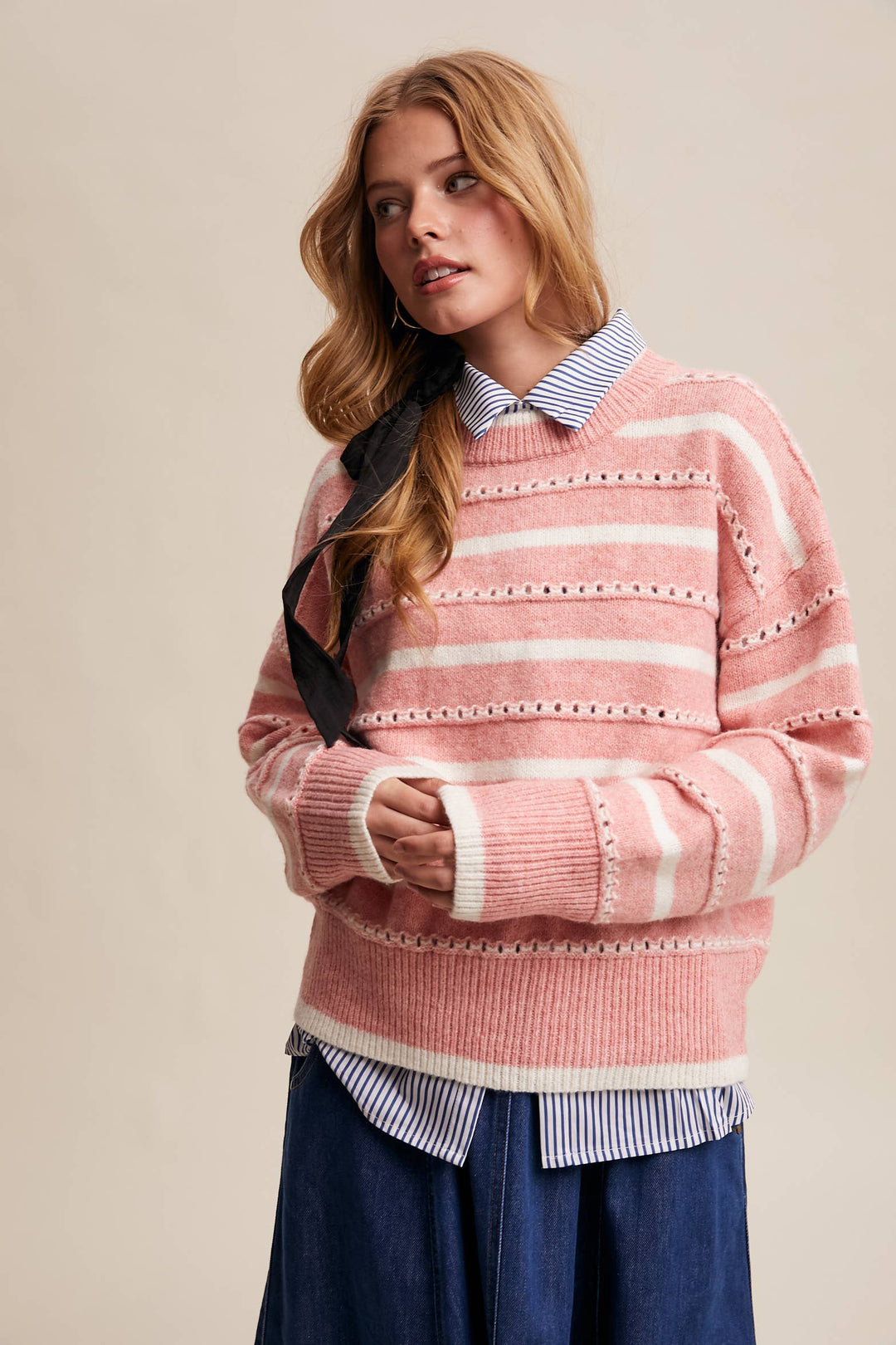 Striped Open-Stitch Pullover Sweater in Light Coral
