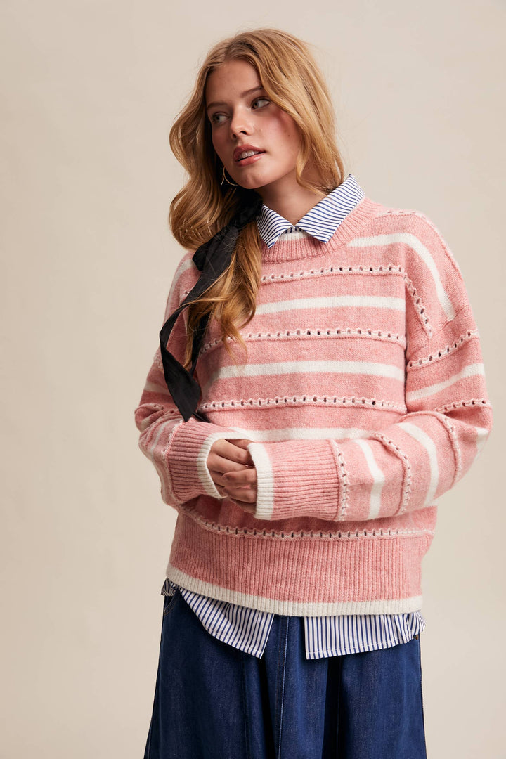 Striped Open-Stitch Pullover Sweater in Light Coral