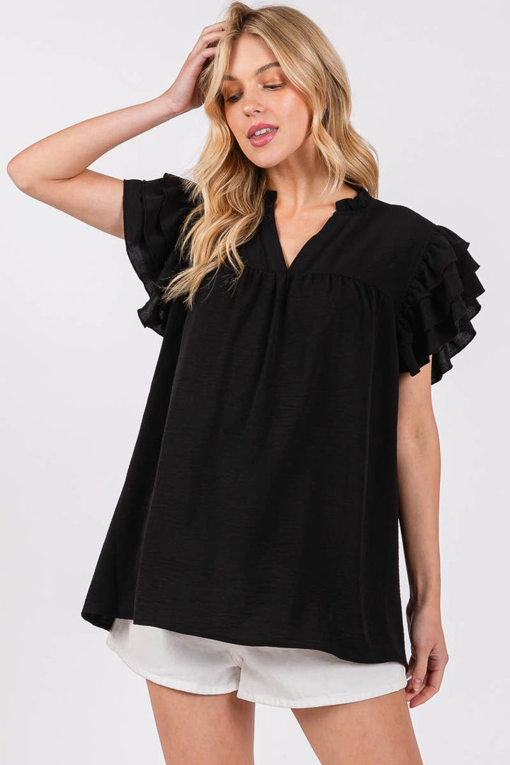 AIRFLOW OVERSIZED RUFFLE SLEEVE BLOUSE - BURGUNDY
