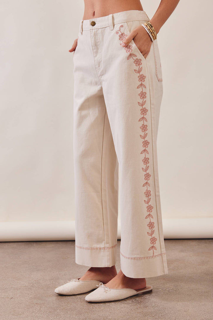 Floral Embroidered Cropped Ecru Wide-Leg Pants