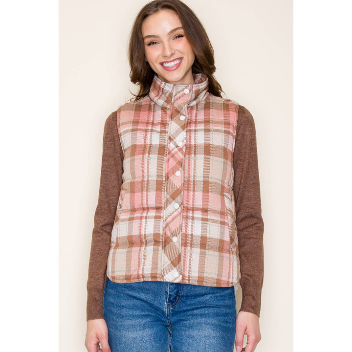 Jacquard Plaid Padded Vest in Blush