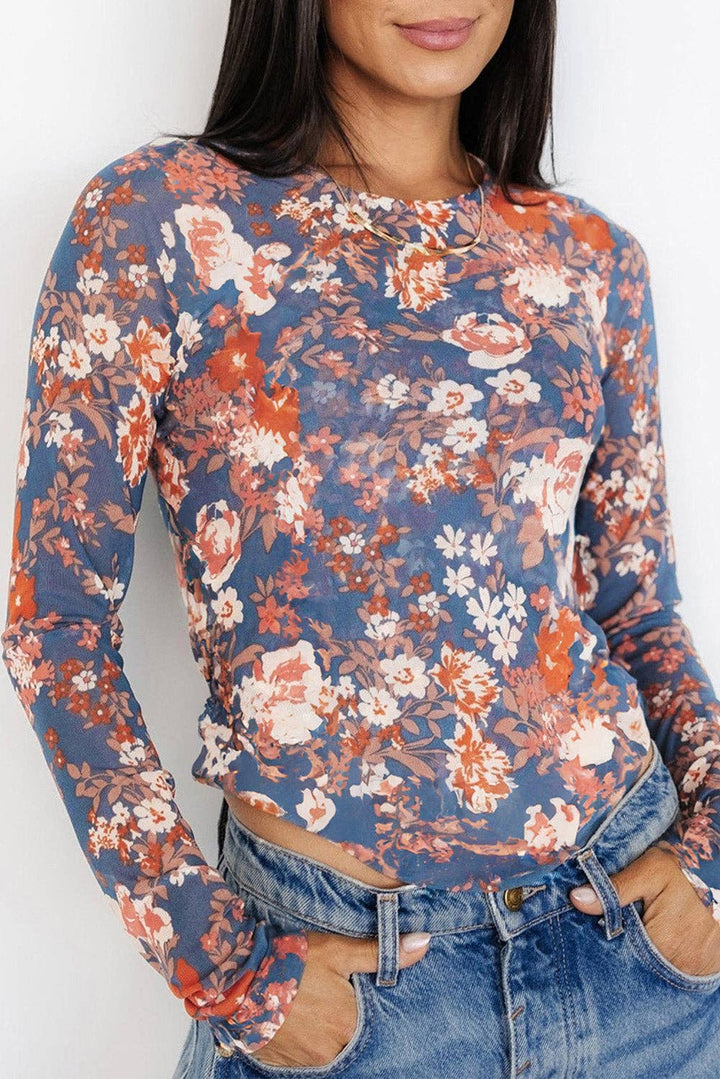 Floral Print Mesh Fitted Long Sleeve Top - Orchid Petal