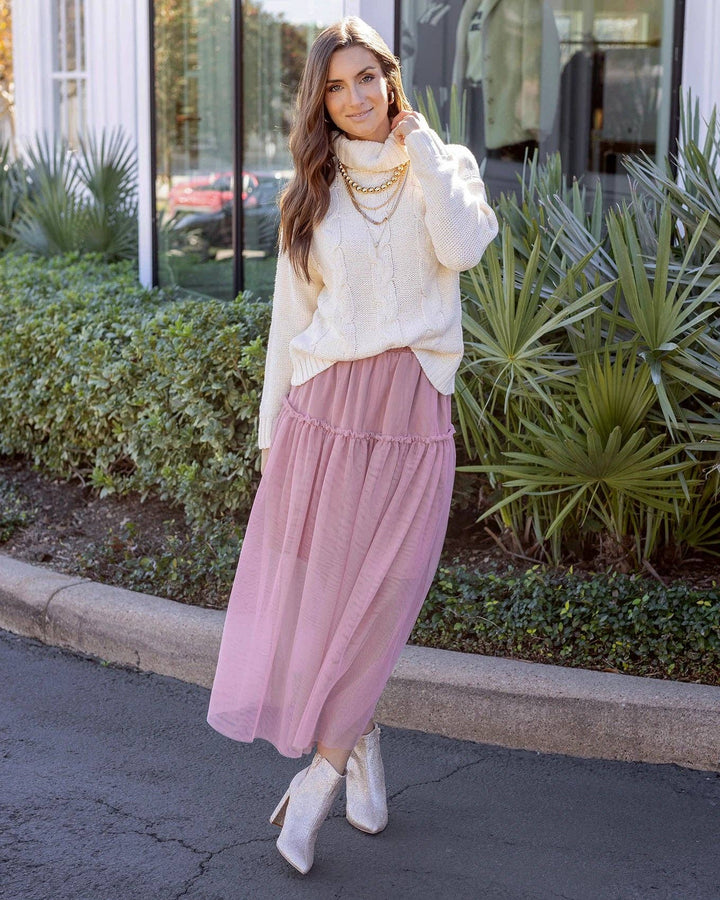 Mesh Tiered Maxi Skirt in Blush