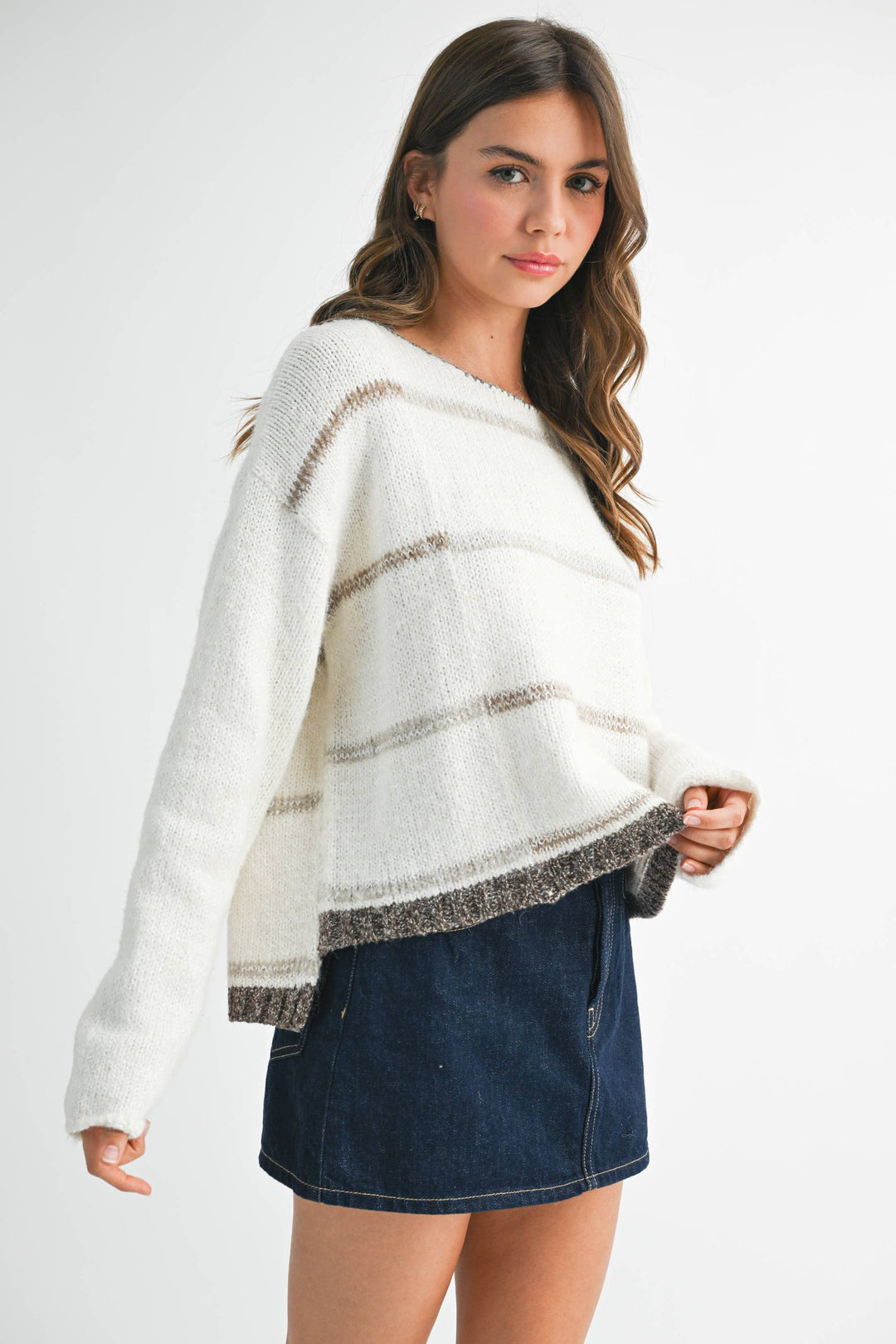 Mona Knit Stripe Pullover Sweater - White/Oat