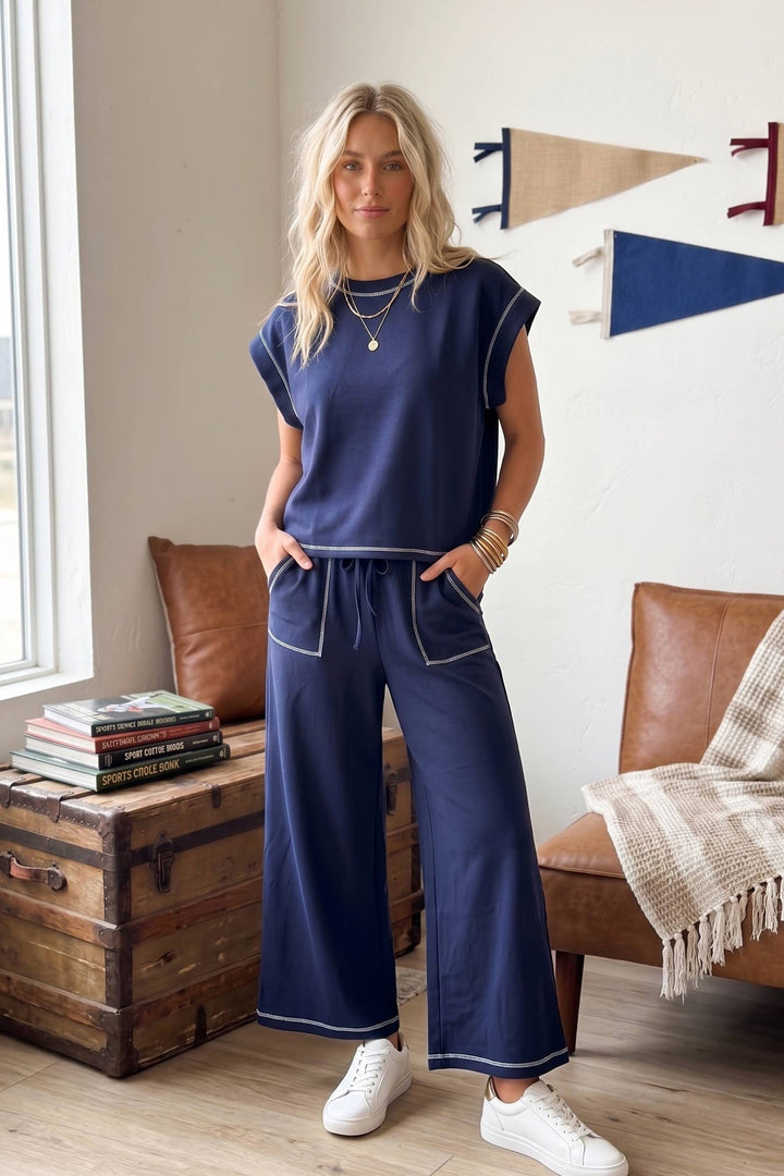 Scuba Contrast Stitch Lounge Set - Black