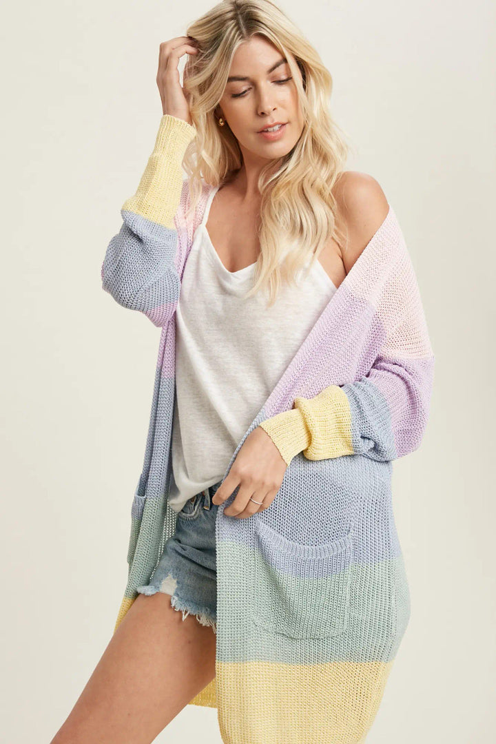 Spring Color Blocked Open Front Cardigan - Pink/Lav