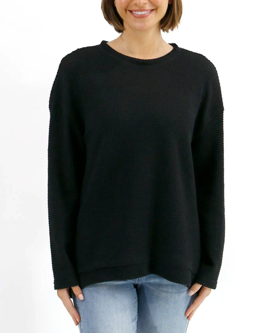 Slouchy Waffle Pullover in Black