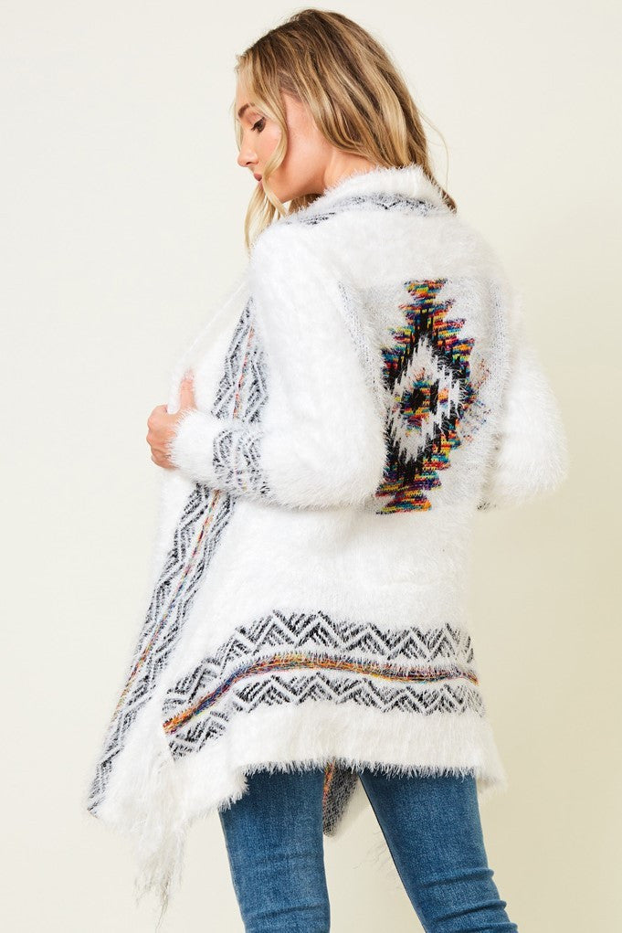 Aztec Print Long Sleeve Cardigan In Ivory