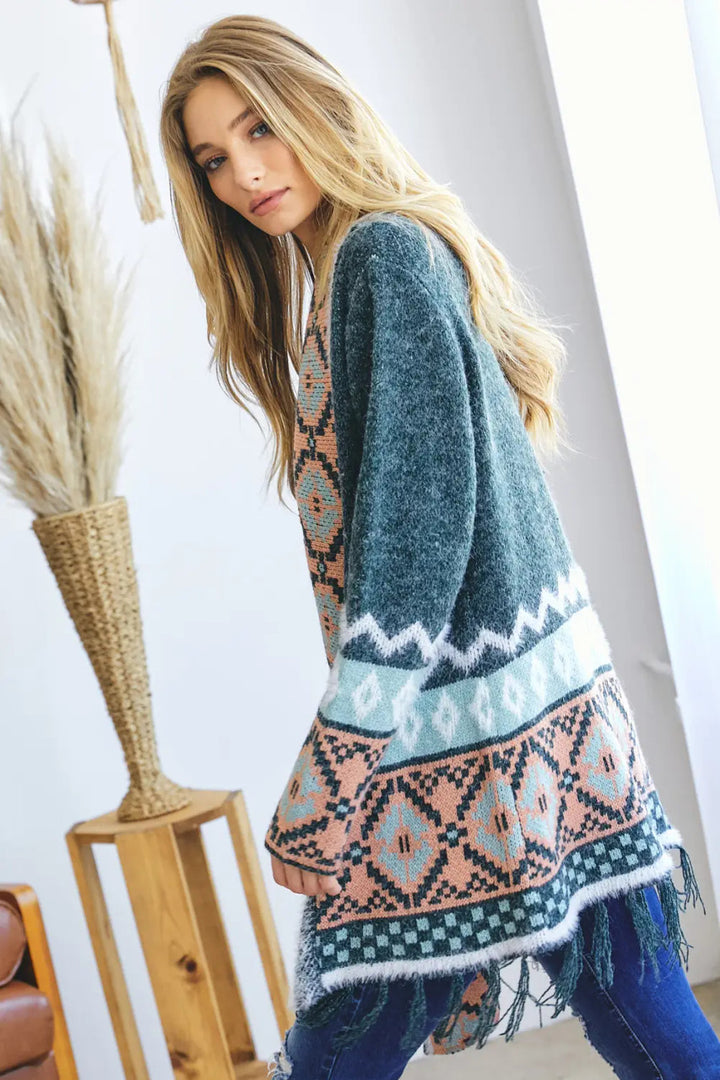 Davi & Dani  TRIBAL AZTEC PRINT LONG SLEEVE CARDIGAN- Sage