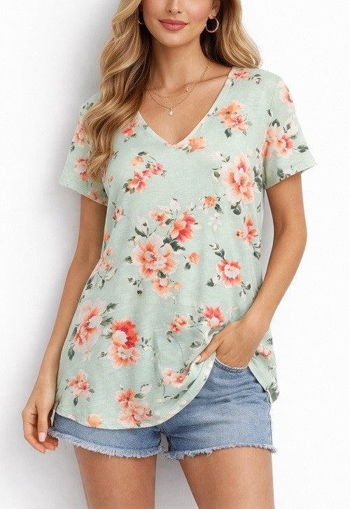 Spring Bloom Soft Stretch V-Neck Tee - Mint