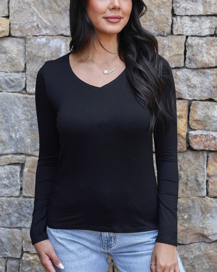 Modal V-Neck Long Sleeve Tee in Black