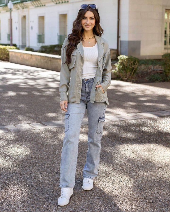 Grace and Lace Tencel™ Lyocell Utility Shirt Jacket in Sage