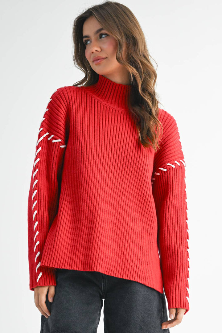 Georgina Sweater - Red with White Stitch