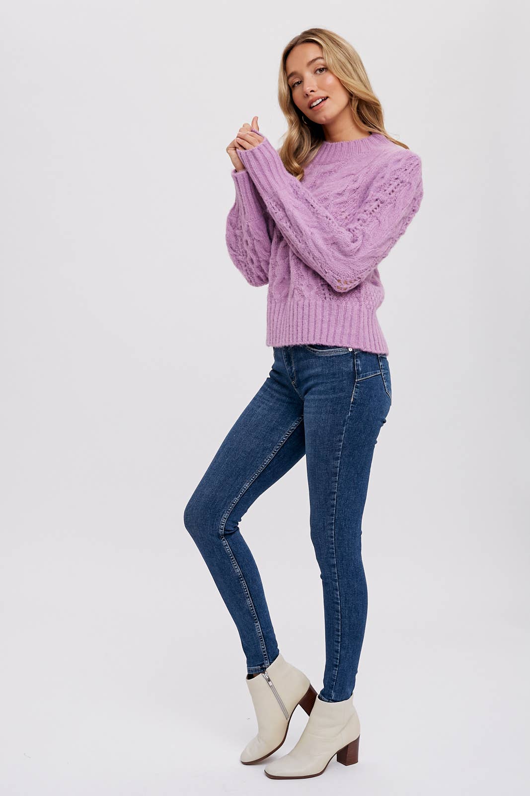 PUFF SLEEVES CABLE PULLOVER-Lavender