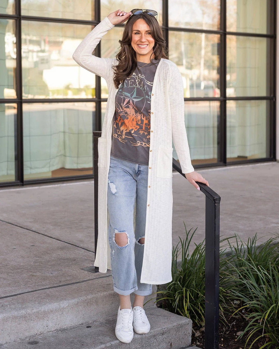 Ribbed Long Duster Cardigan in Ivory