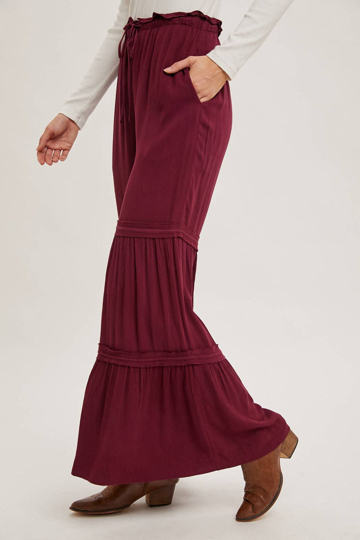 DRAWSTRING WAIST TIERED PALAZZO PANTS