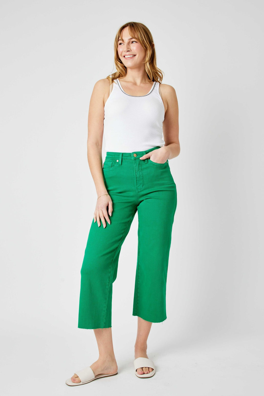 Judy Blue High Waist Garment Dyed Tummy Control Crop Wide Leg - Kelly Green