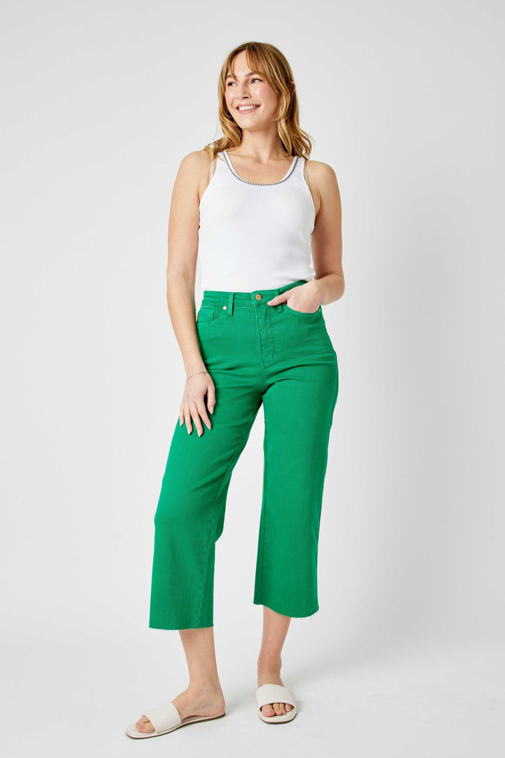 Judy Blue High Waist Garment Dyed Tummy Control Crop Wide Leg - Kelly Green