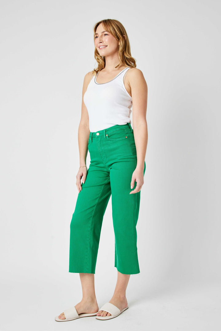 Judy Blue High Waist Garment Dyed Tummy Control Crop Wide Leg - Kelly Green