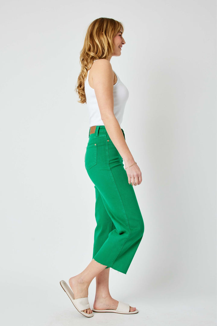 Judy Blue High Waist Garment Dyed Tummy Control Crop Wide Leg - Kelly Green