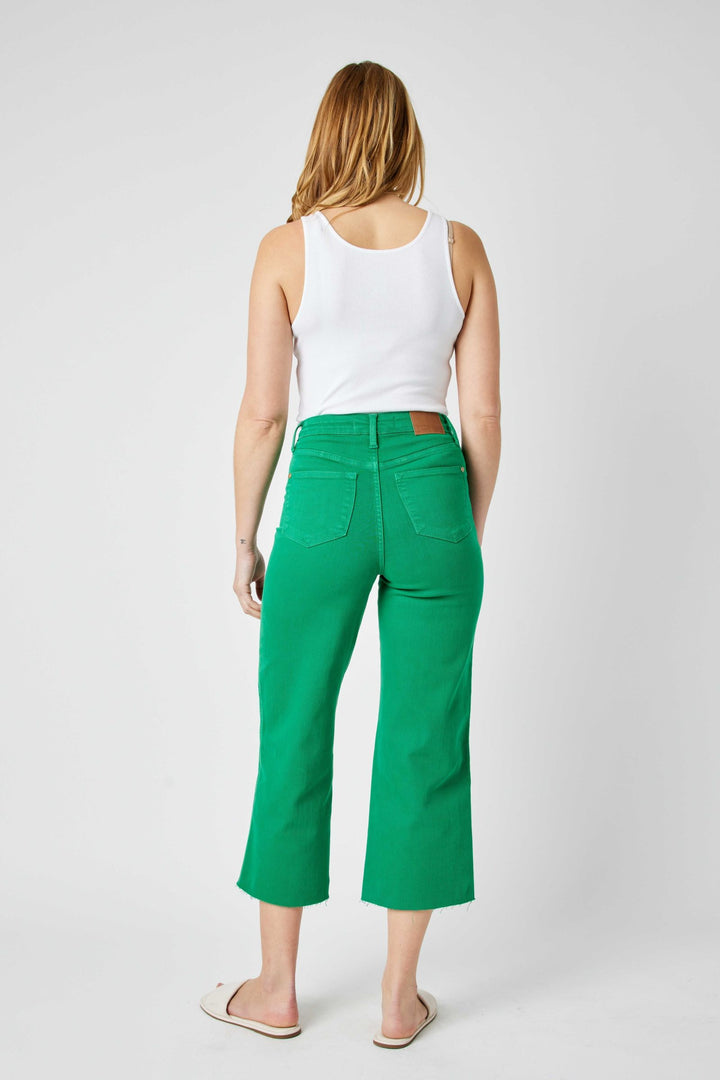 Judy Blue High Waist Garment Dyed Tummy Control Crop Wide Leg - Kelly Green