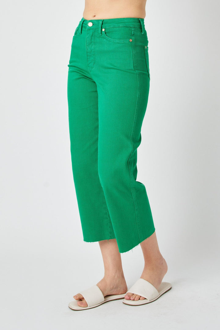 Judy Blue High Waist Garment Dyed Tummy Control Crop Wide Leg - Kelly Green
