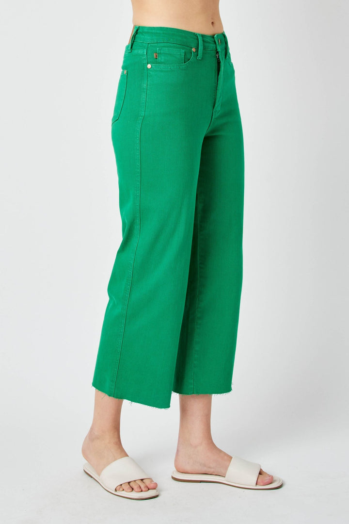 Judy Blue High Waist Garment Dyed Tummy Control Crop Wide Leg - Kelly Green