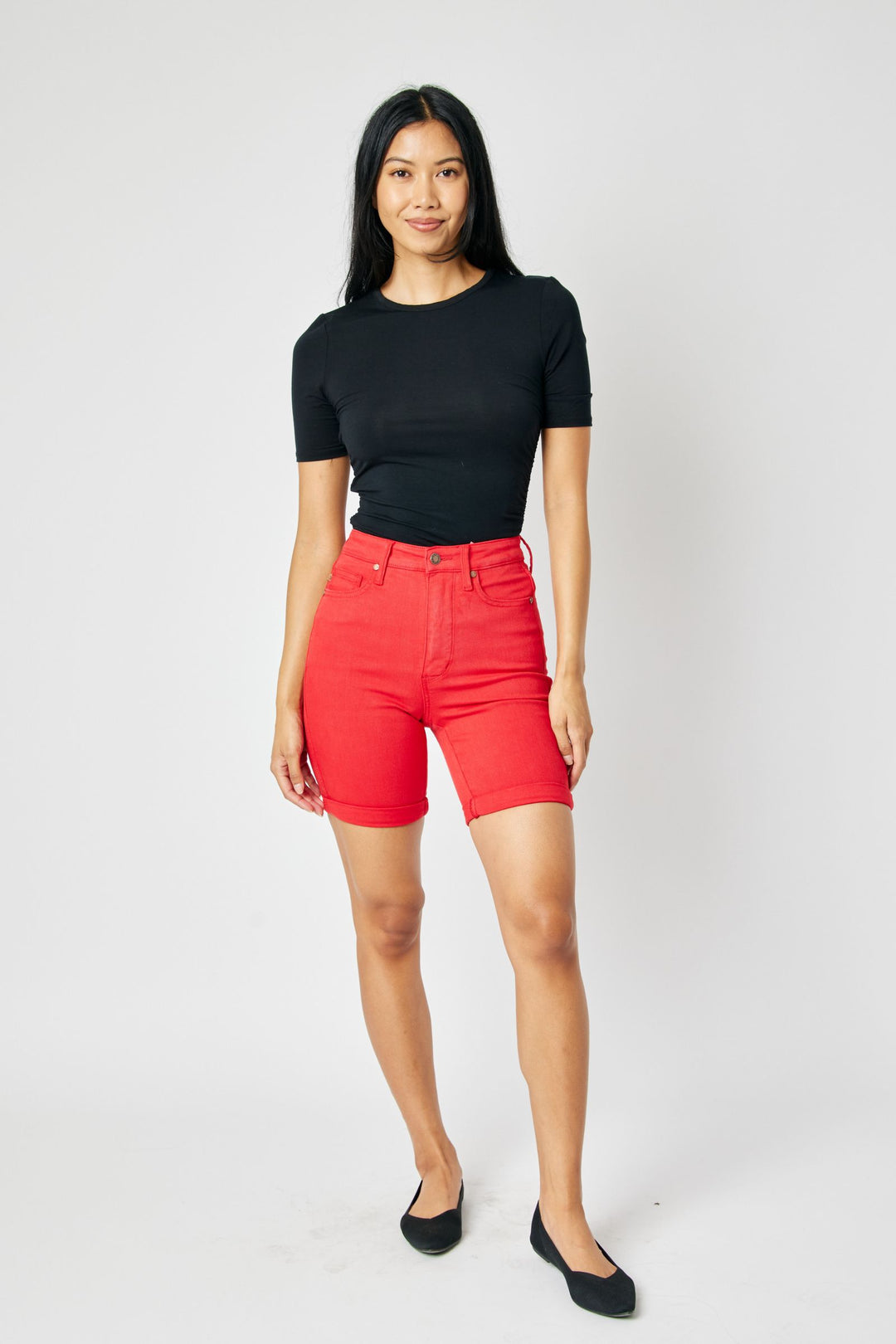 Judy Blue High Waist Garment Dyed Tummy Control Bermuda Shorts - Red - Plus Size