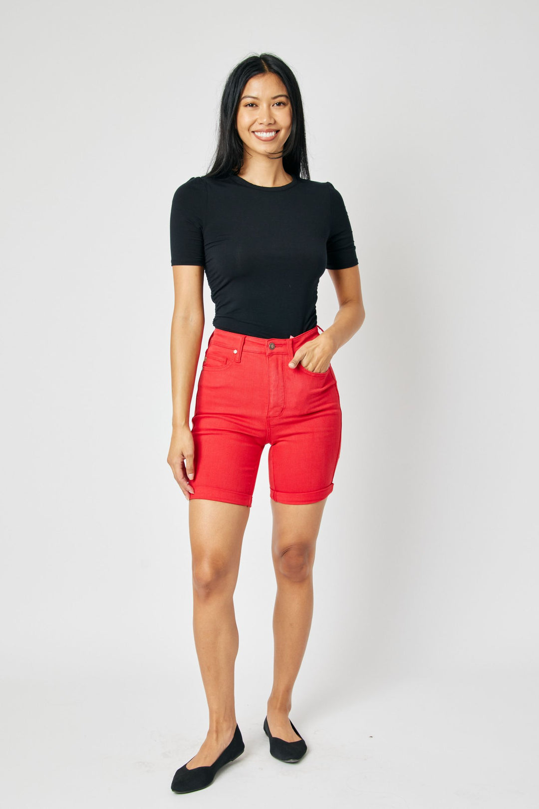 Judy Blue High Waist Garment Dyed Tummy Control Bermuda Shorts - Red - Plus Size