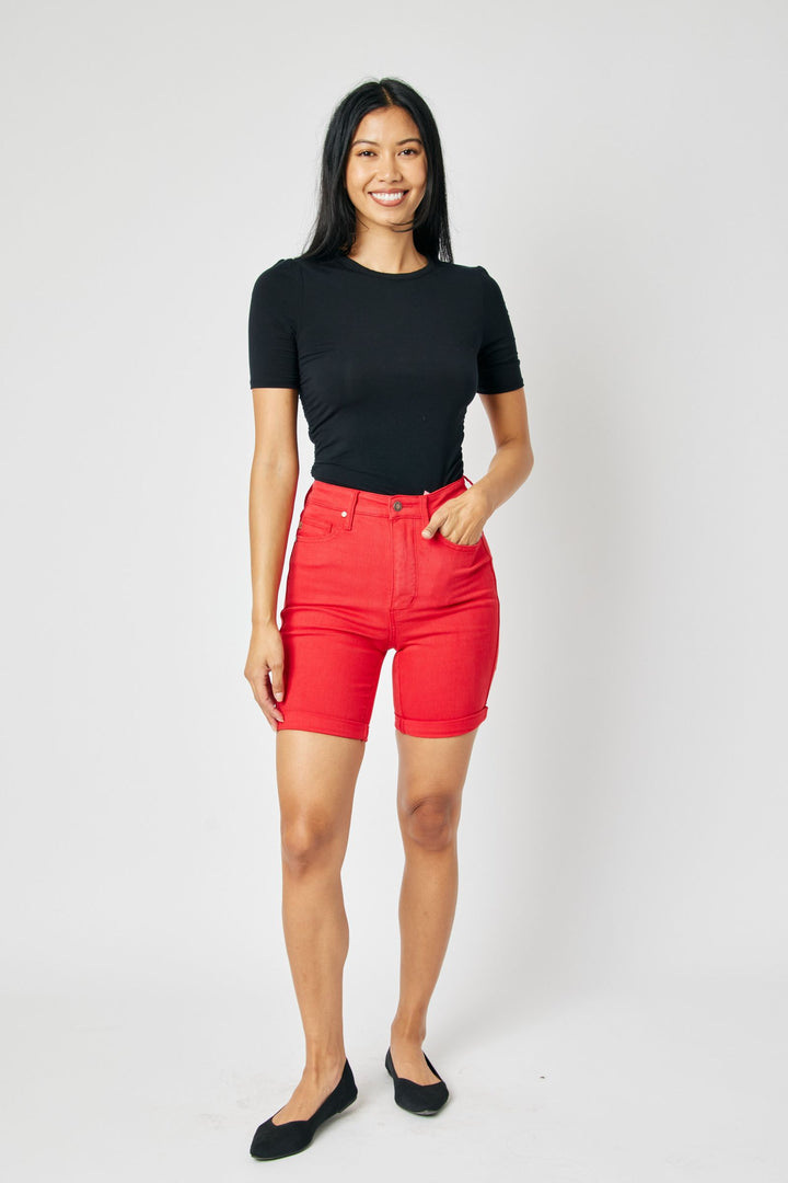 Judy Blue High Waist Garment Dyed Tummy Control Bermuda Shorts - Red - Plus Size