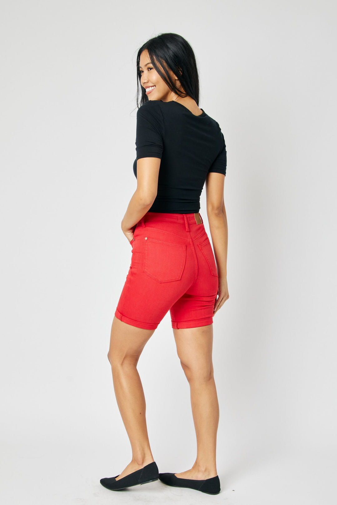 Judy Blue High Waist Garment Dyed Tummy Control Bermuda Shorts - Red - Plus Size