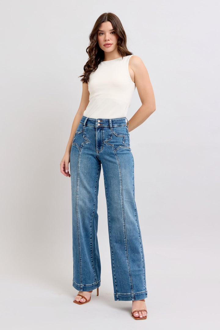 Judy Blue High Waist Star & Front Seam Detail Wide Leg Denim
