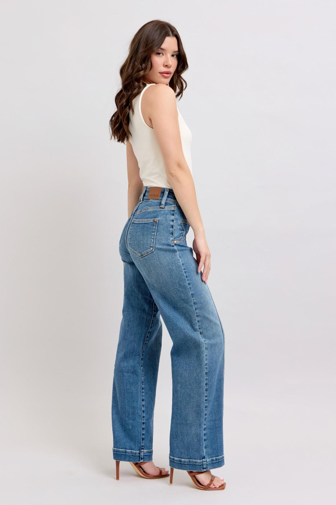Judy Blue High Waist Star & Front Seam Detail Wide Leg Denim