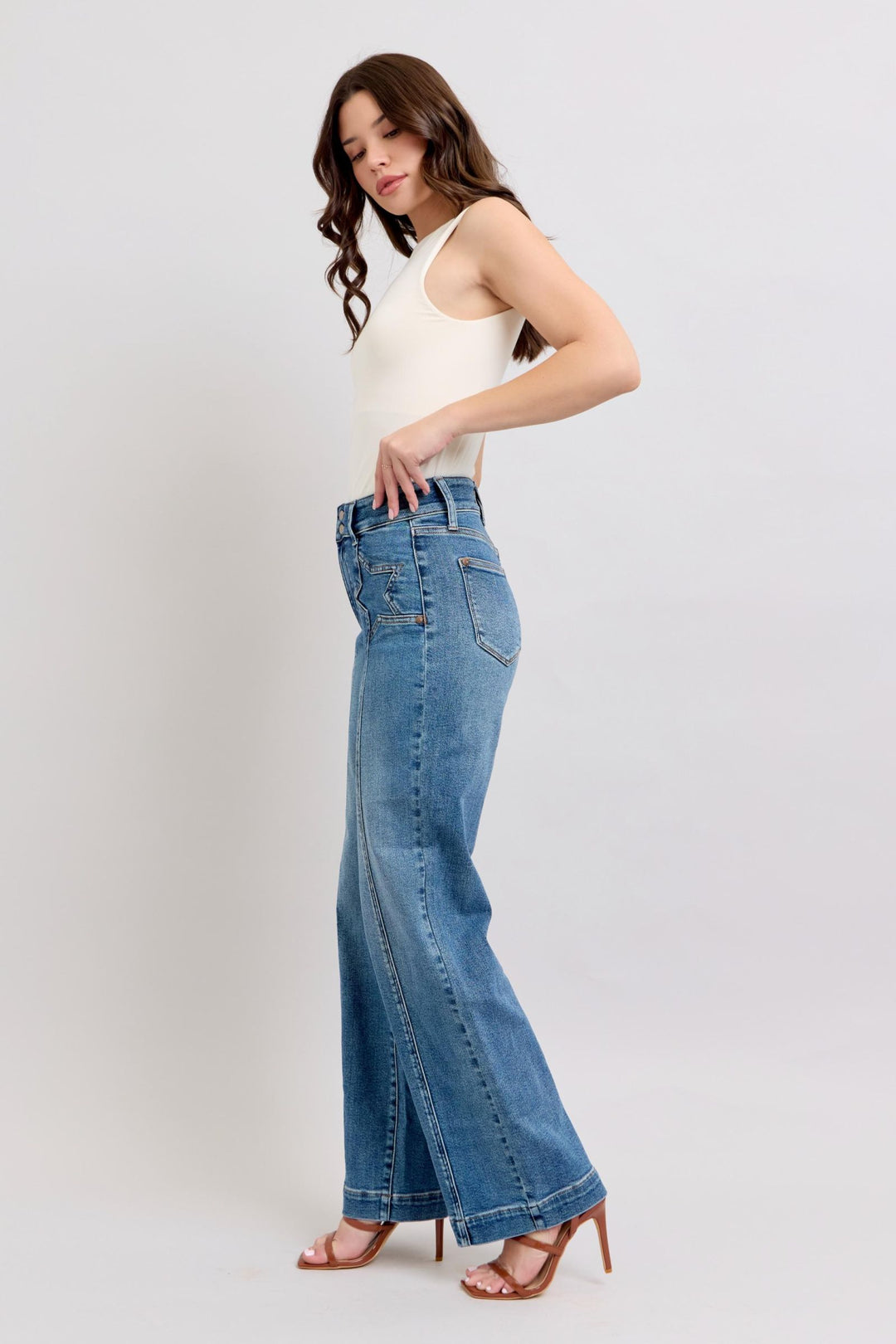 Judy Blue High Waist Star & Front Seam Detail Wide Leg Denim