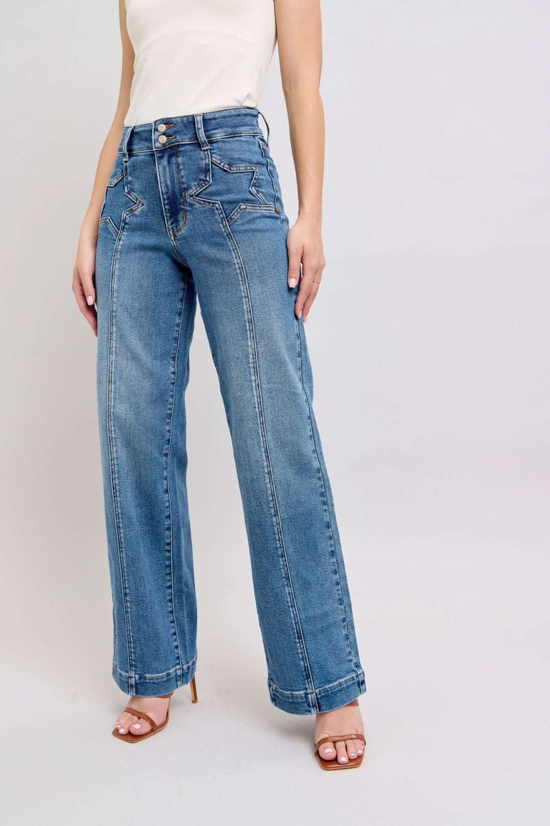 Judy Blue High Waist Star & Front Seam Detail Wide Leg Denim