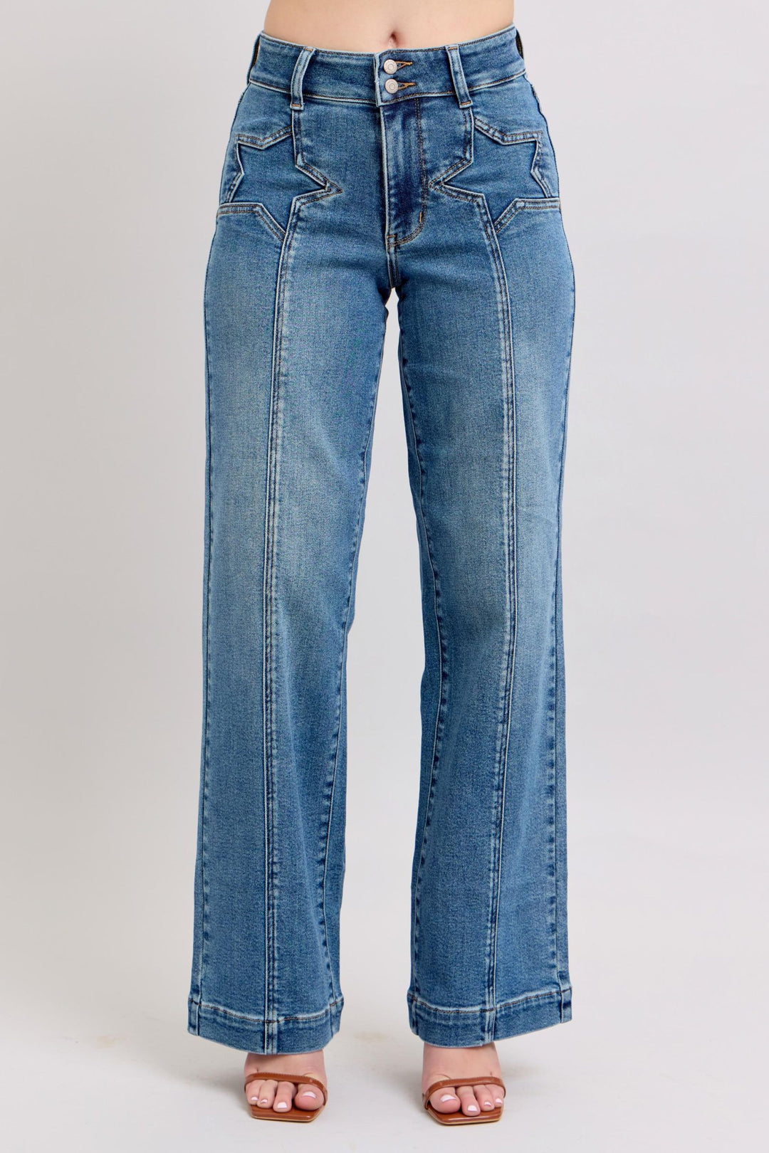 Judy Blue High Waist Star & Front Seam Detail Wide Leg Denim