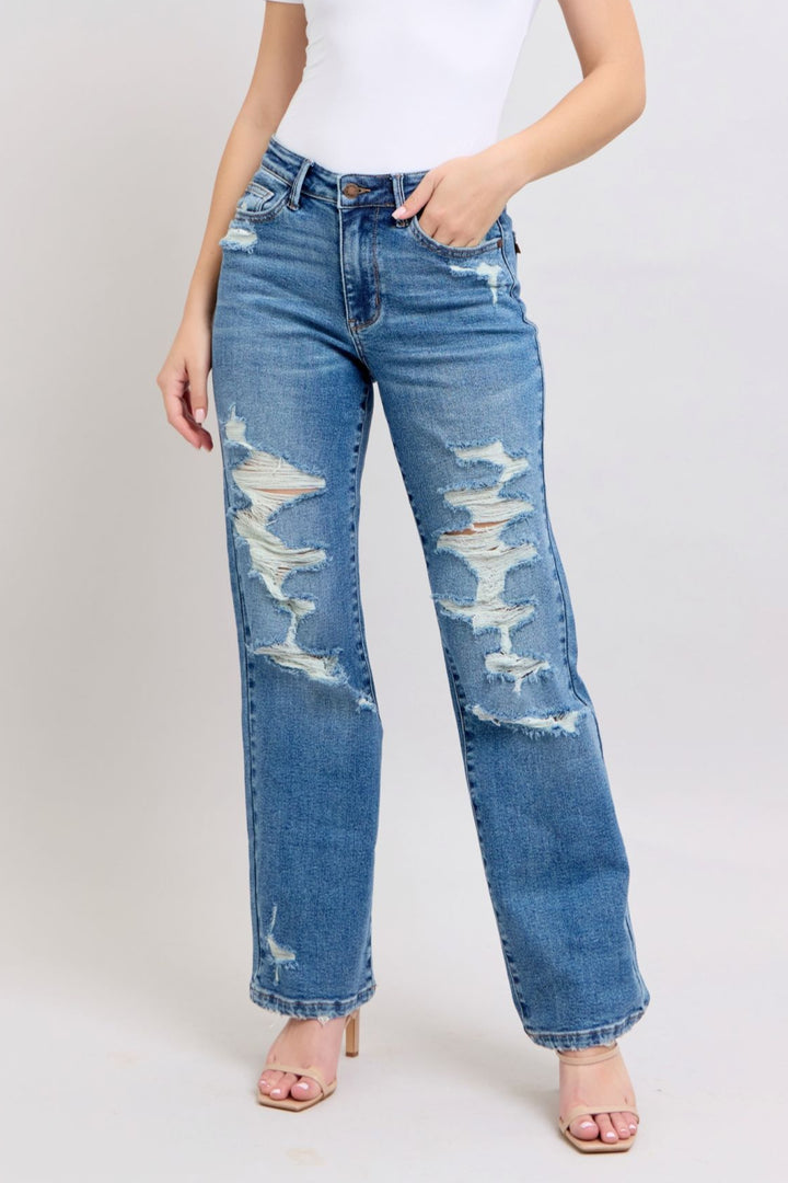 Judy Blue High Waist Heavy Destroy Straight Leg Denim