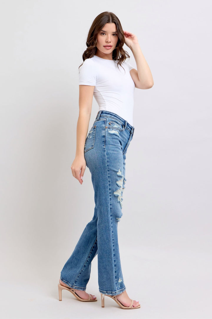 Judy Blue High Waist Heavy Destroy Straight Leg Denim
