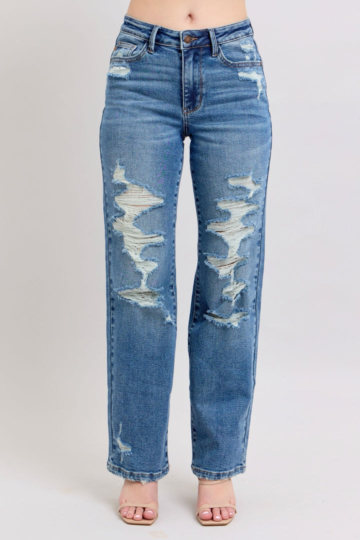 Judy Blue High Waist Heavy Destroy Straight Leg Denim