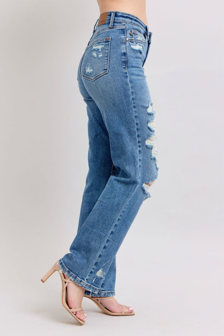 Judy Blue High Waist Heavy Destroy Straight Leg Denim