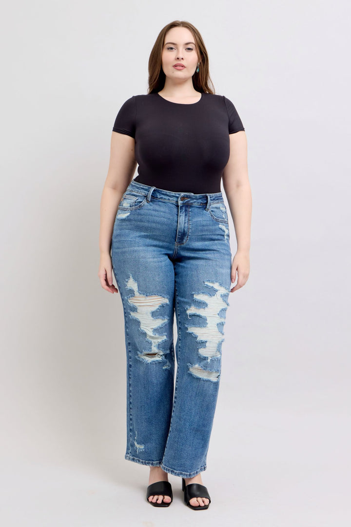 Judy Blue High Waist Heavy Destroy Straight Leg Denim - Plus Size