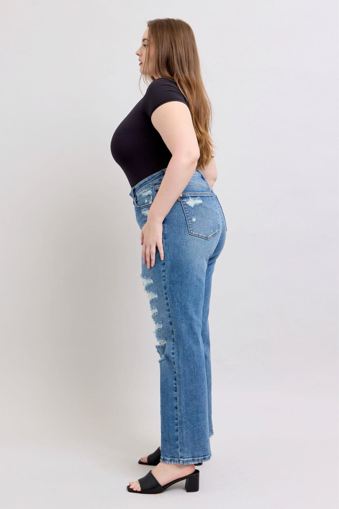 Judy Blue High Waist Heavy Destroy Straight Leg Denim - Plus Size