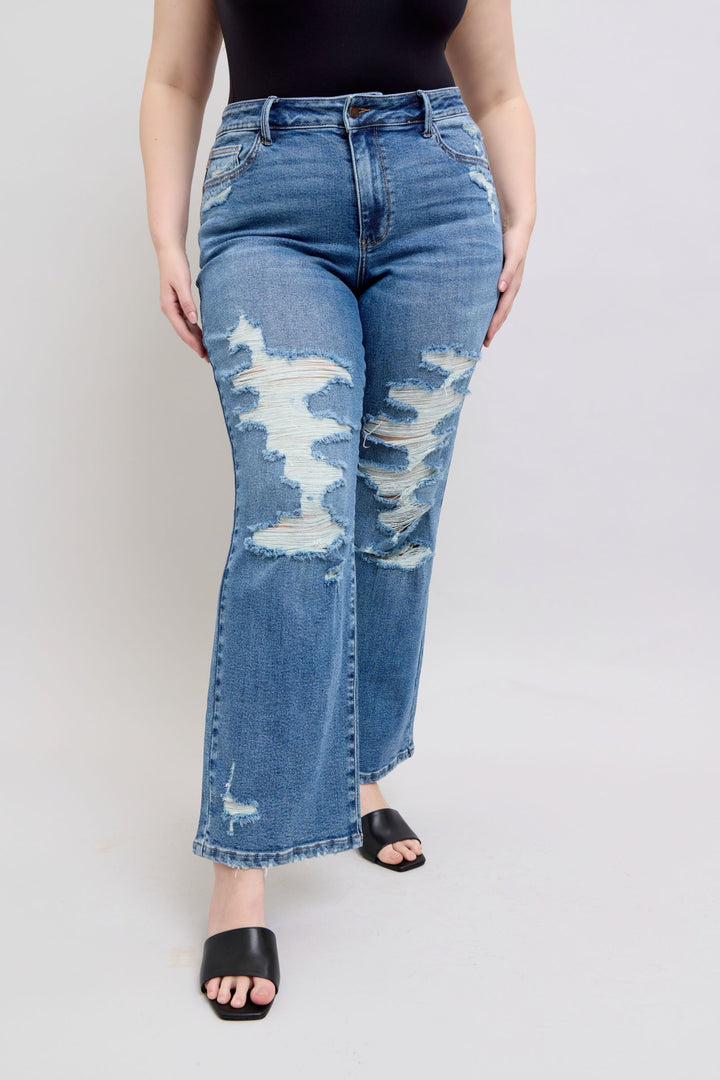 Judy Blue High Waist Heavy Destroy Straight Leg Denim - Plus Size