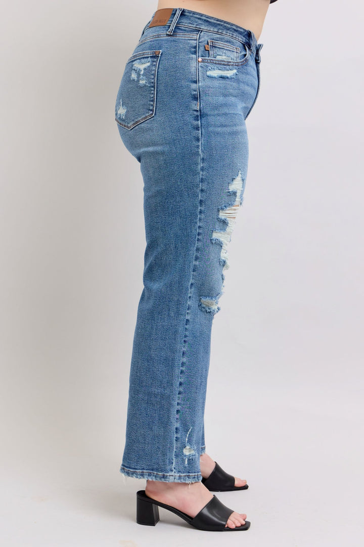 Judy Blue High Waist Heavy Destroy Straight Leg Denim - Plus Size