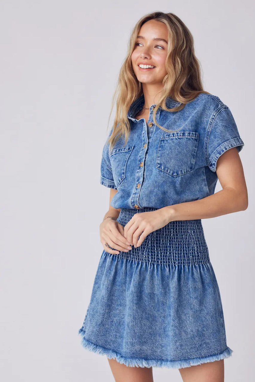 BUTTON UP SMOCKING WAIST DENIM MINI DRESS