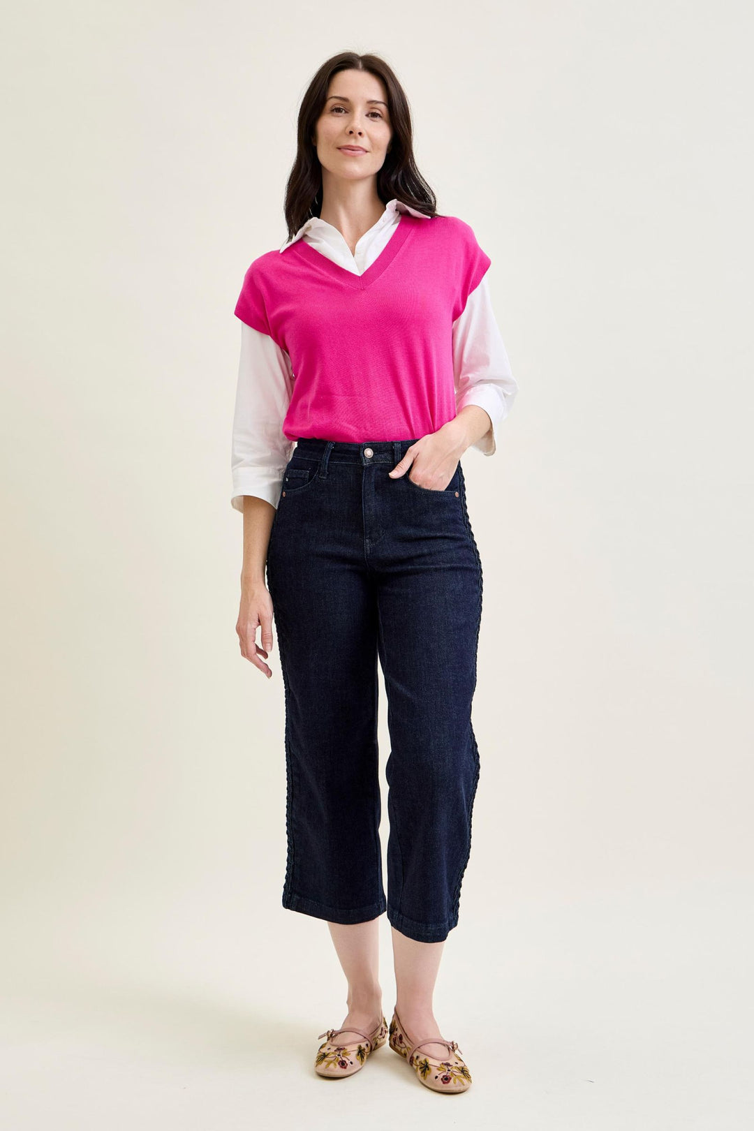 Judy Blue High Waist Side Seam Braid Detail Cropped Wide Jeans